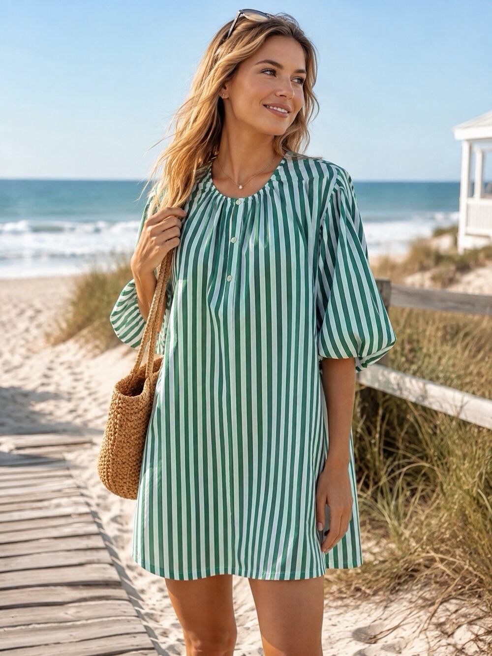 Ayr Portofino Casual Coastal Shift Dress Green White Stripes Puff Sleeves Sz XS